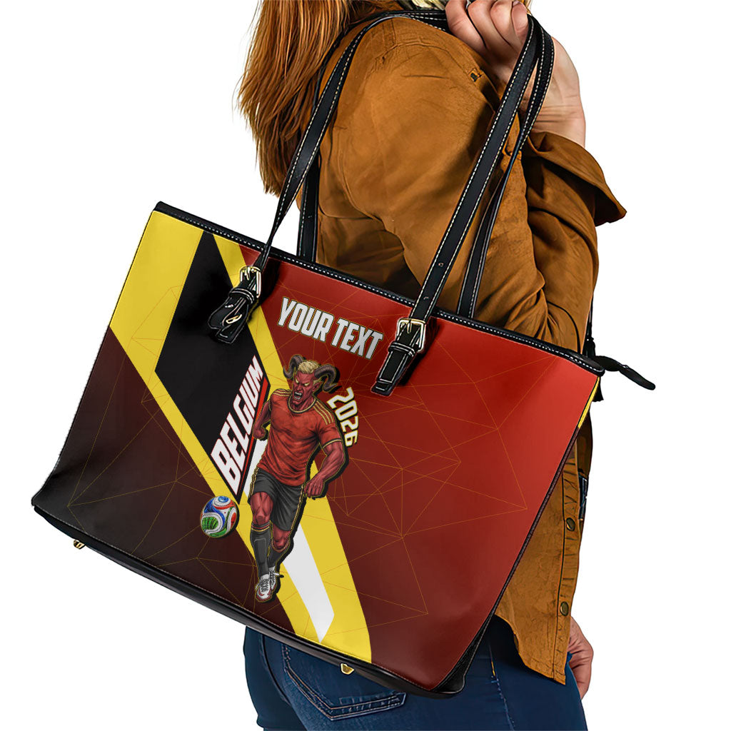 Personalized Belgium Red Devils Football Mascot Leather Tote Bag Fierce Devil Graphic With Belgian Flag