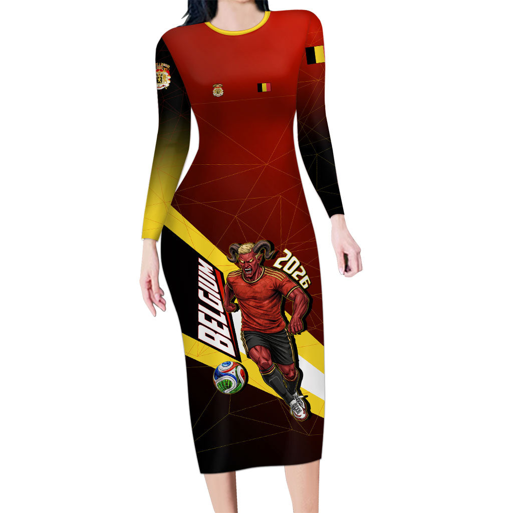 Personalized Belgium Red Devils Football Mascot Long Sleeve Bodycon Dress Fierce Devil Graphic With Belgian Flag