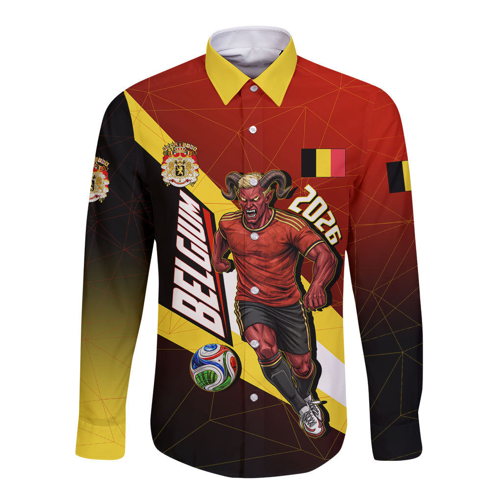 Personalized Belgium Red Devils Football Mascot Long Sleeve Button Shirt Fierce Devil Graphic With Belgian Flag