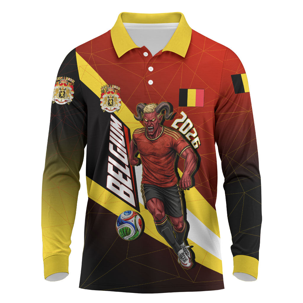 Personalized Belgium Red Devils Football Mascot Long Sleeve Polo Shirt Fierce Devil Graphic With Belgian Flag
