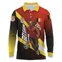 Personalized Belgium Red Devils Football Mascot Long Sleeve Polo Shirt Fierce Devil Graphic With Belgian Flag