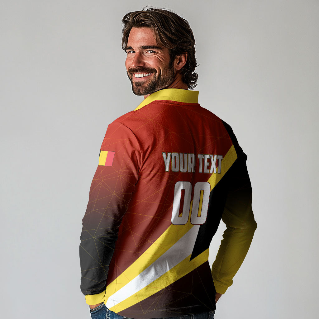 Personalized Belgium Red Devils Football Mascot Long Sleeve Polo Shirt Fierce Devil Graphic With Belgian Flag