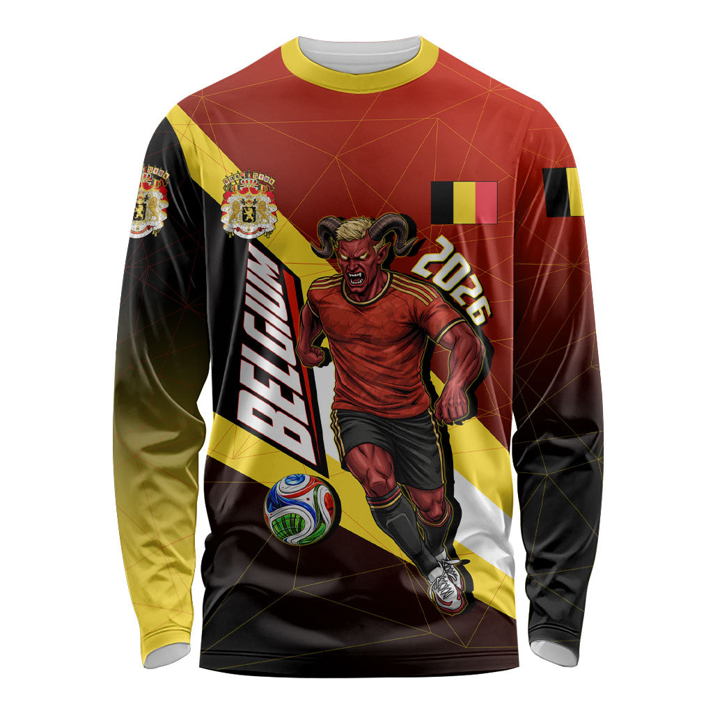 Personalized Belgium Red Devils Football Mascot Long Sleeve Shirt Fierce Devil Graphic With Belgian Flag
