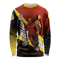 Personalized Belgium Red Devils Football Mascot Long Sleeve Shirt Fierce Devil Graphic With Belgian Flag