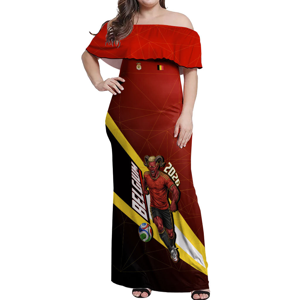 Personalized Belgium Red Devils Football Mascot Off Shoulder Maxi Dress Fierce Devil Graphic With Belgian Flag