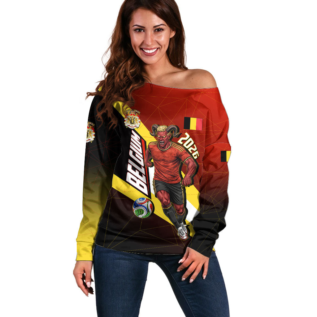 Personalized Belgium Red Devils Football Mascot Off Shoulder Sweater Fierce Devil Graphic With Belgian Flag