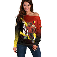 Personalized Belgium Red Devils Football Mascot Off Shoulder Sweater Fierce Devil Graphic With Belgian Flag