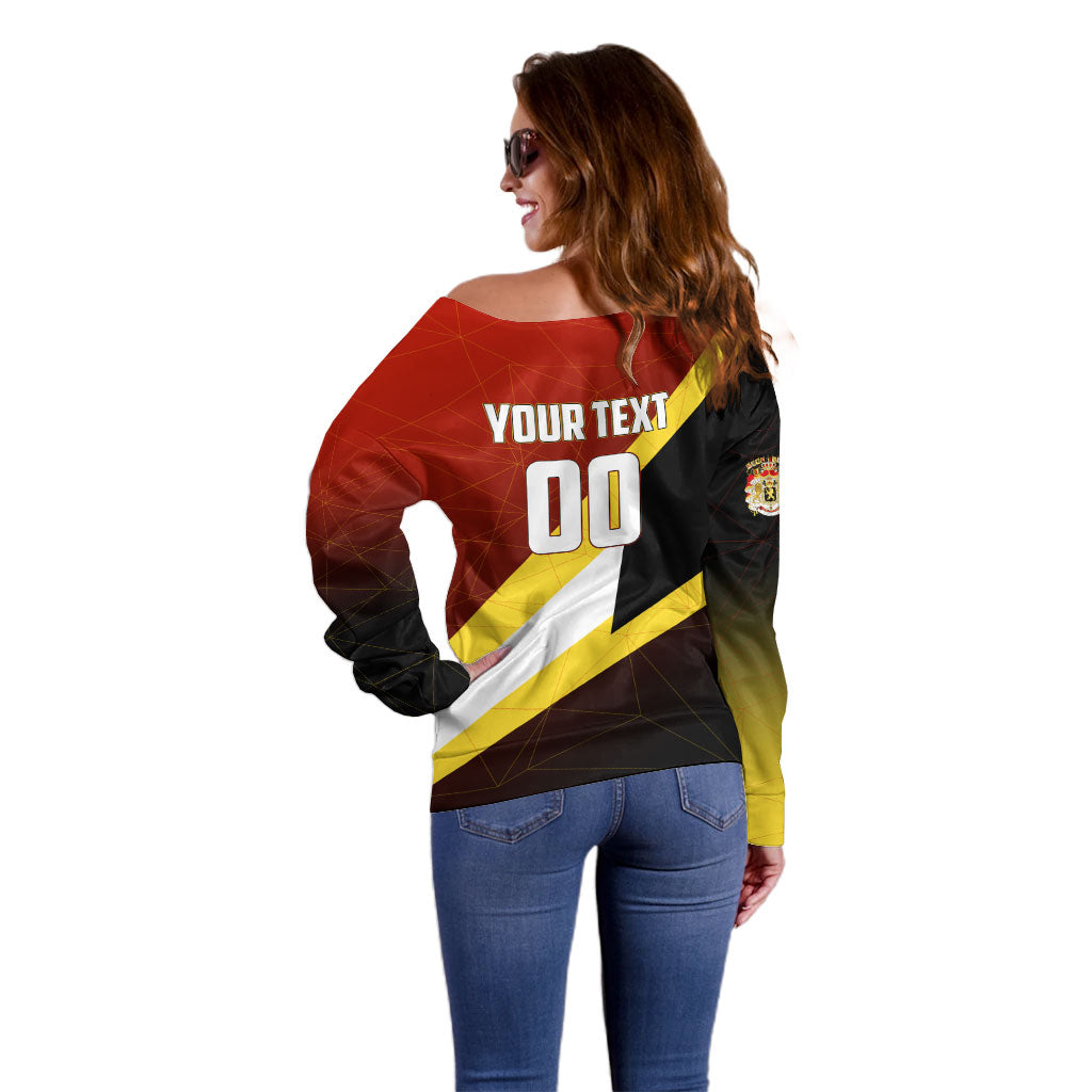 Personalized Belgium Red Devils Football Mascot Off Shoulder Sweater Fierce Devil Graphic With Belgian Flag