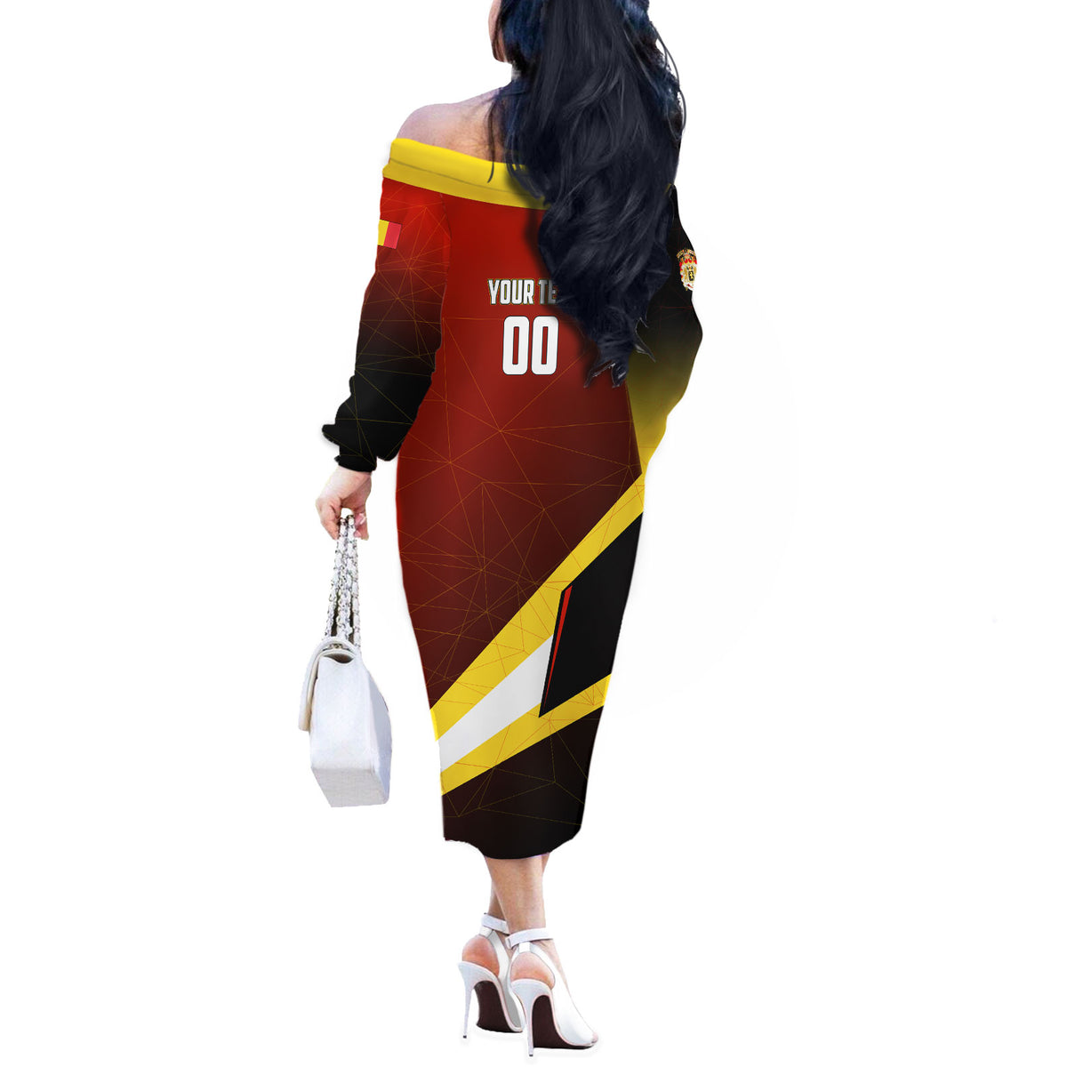 Personalized Belgium Red Devils Football Mascot Off The Shoulder Long Sleeve Dress Fierce Devil Graphic With Belgian Flag