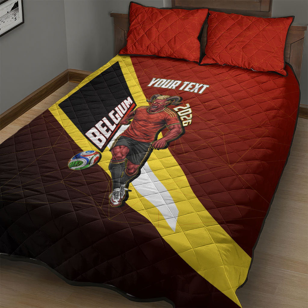 Personalized Belgium Red Devils Football Mascot Quilt Bed Set Fierce Devil Graphic With Belgian Flag