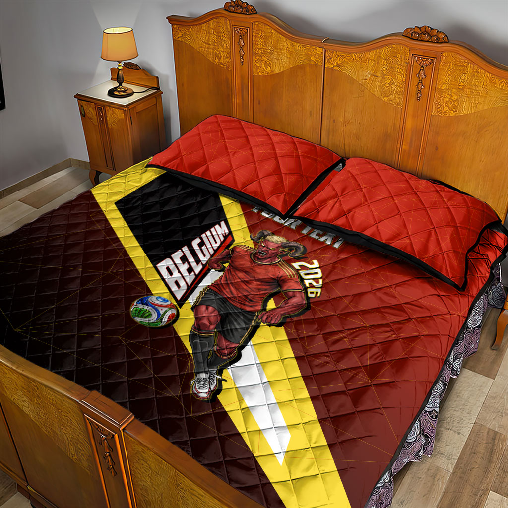 Personalized Belgium Red Devils Football Mascot Quilt Bed Set Fierce Devil Graphic With Belgian Flag