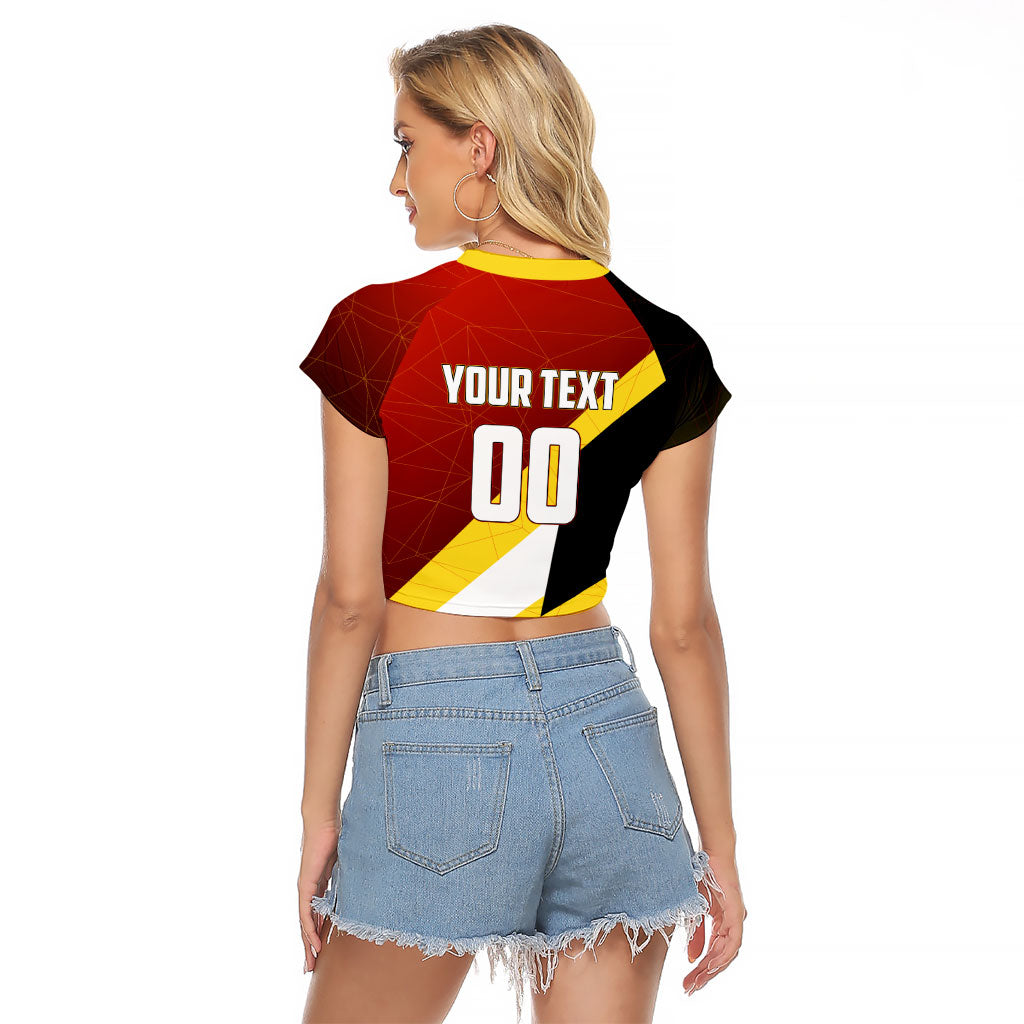 Personalized Belgium Red Devils Football Mascot Raglan Cropped T Shirt Fierce Devil Graphic With Belgian Flag