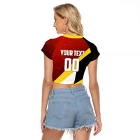 Personalized Belgium Red Devils Football Mascot Raglan Cropped T Shirt Fierce Devil Graphic With Belgian Flag