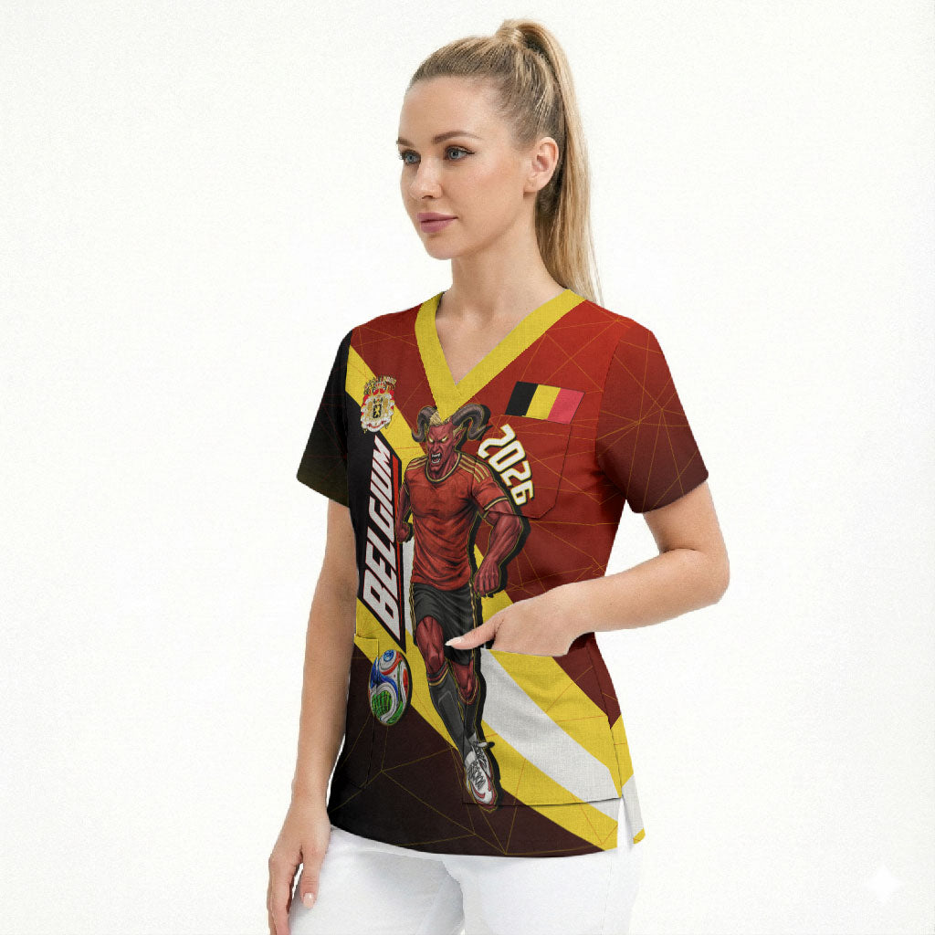 Personalized Belgium Red Devils Football Mascot Scrub Top Fierce Devil Graphic With Belgian Flag