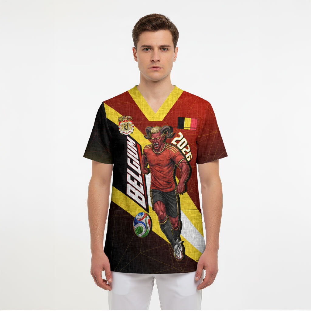 Personalized Belgium Red Devils Football Mascot Scrub Top Fierce Devil Graphic With Belgian Flag