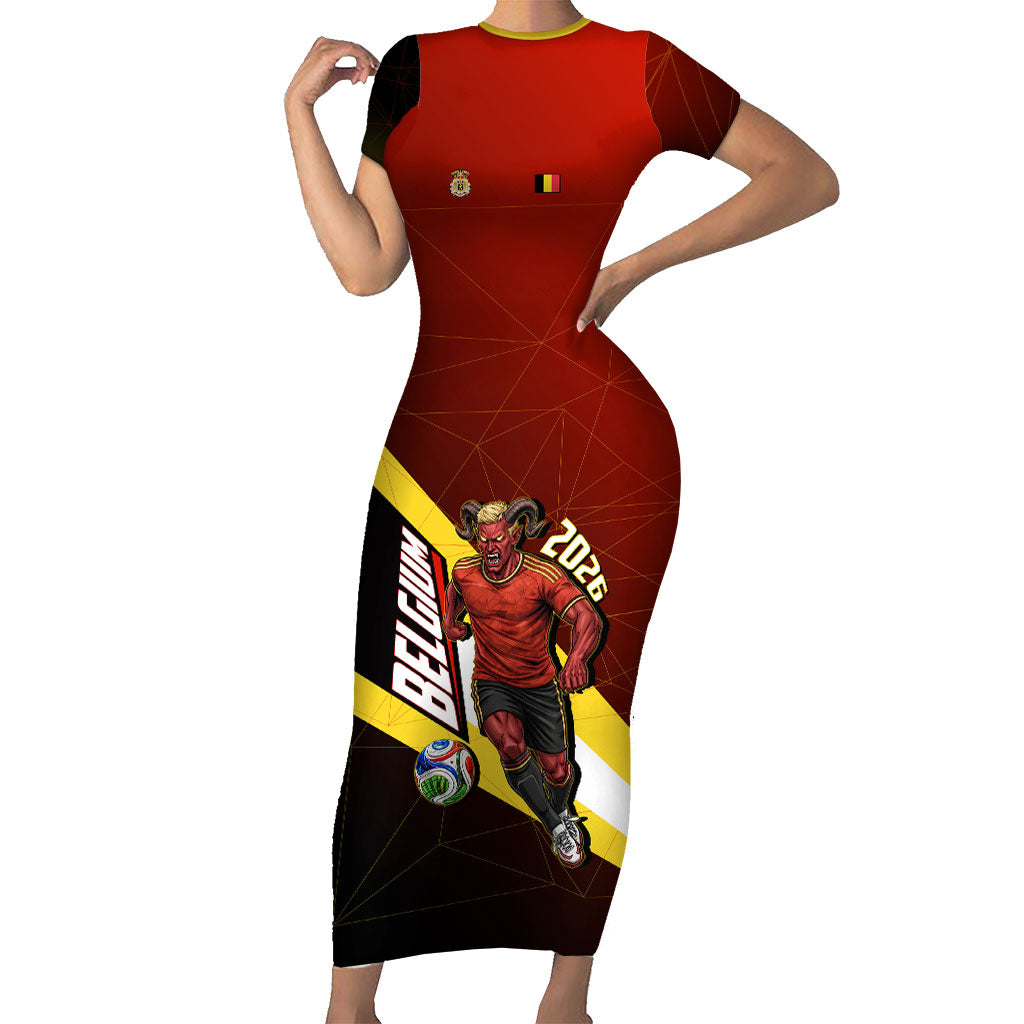 Personalized Belgium Red Devils Football Mascot Short Sleeve Bodycon Dress Fierce Devil Graphic With Belgian Flag
