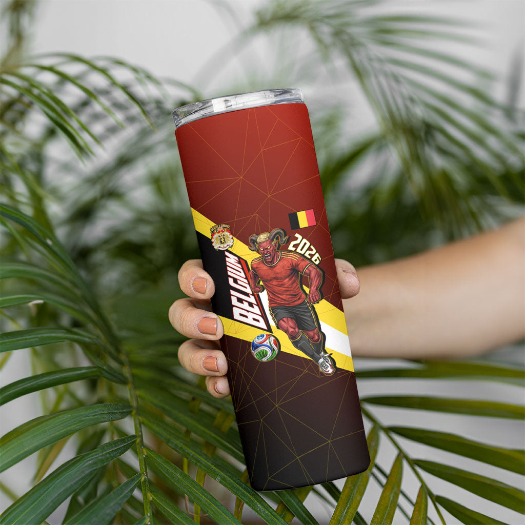 Personalized Belgium Red Devils Football Mascot Skinny Tumbler Fierce Devil Graphic With Belgian Flag