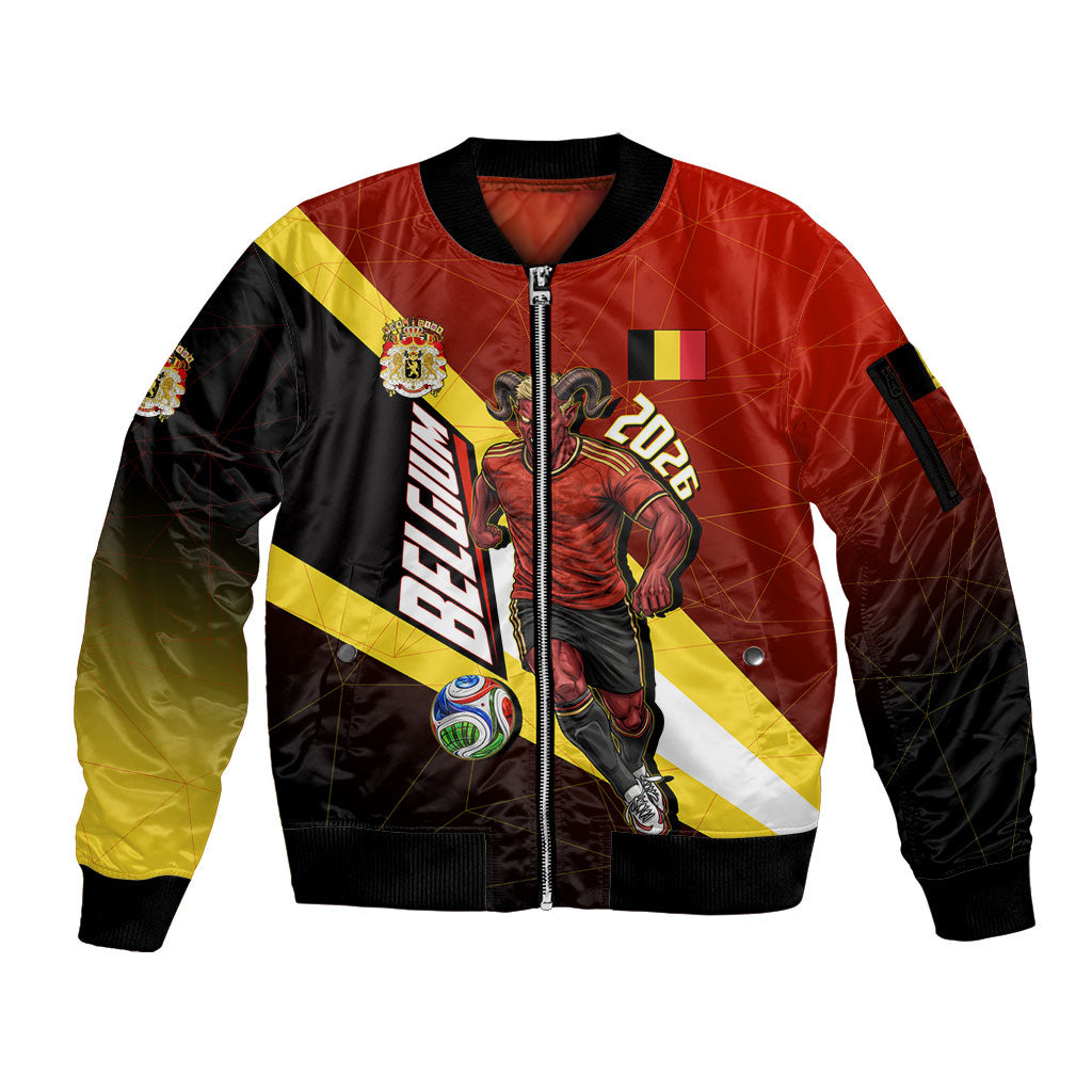 Personalized Belgium Red Devils Football Mascot Sleeve Zip Bomber Jacket Fierce Devil Graphic With Belgian Flag