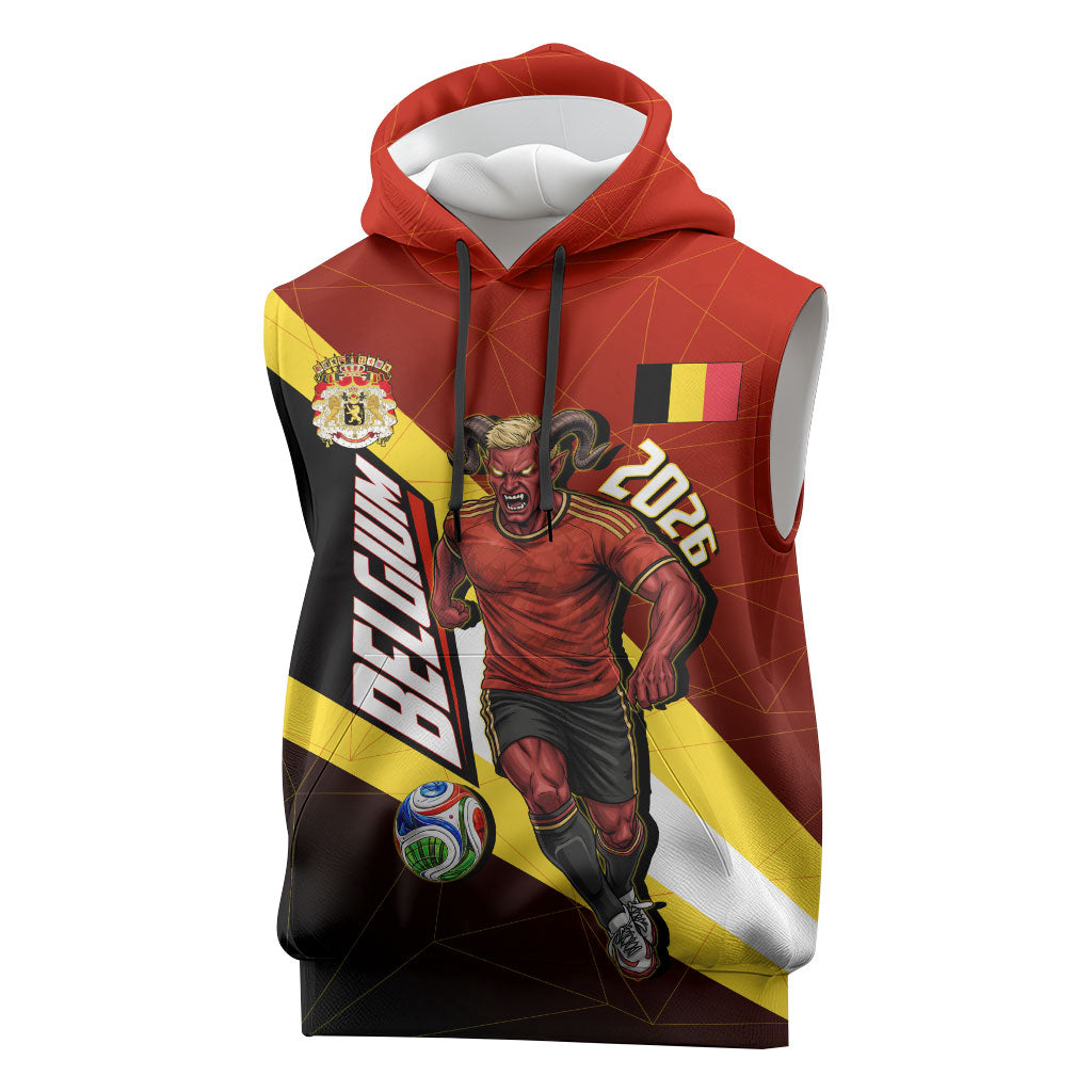 Personalized Belgium Red Devils Football Mascot Sleeveless Hoodie Fierce Devil Graphic With Belgian Flag