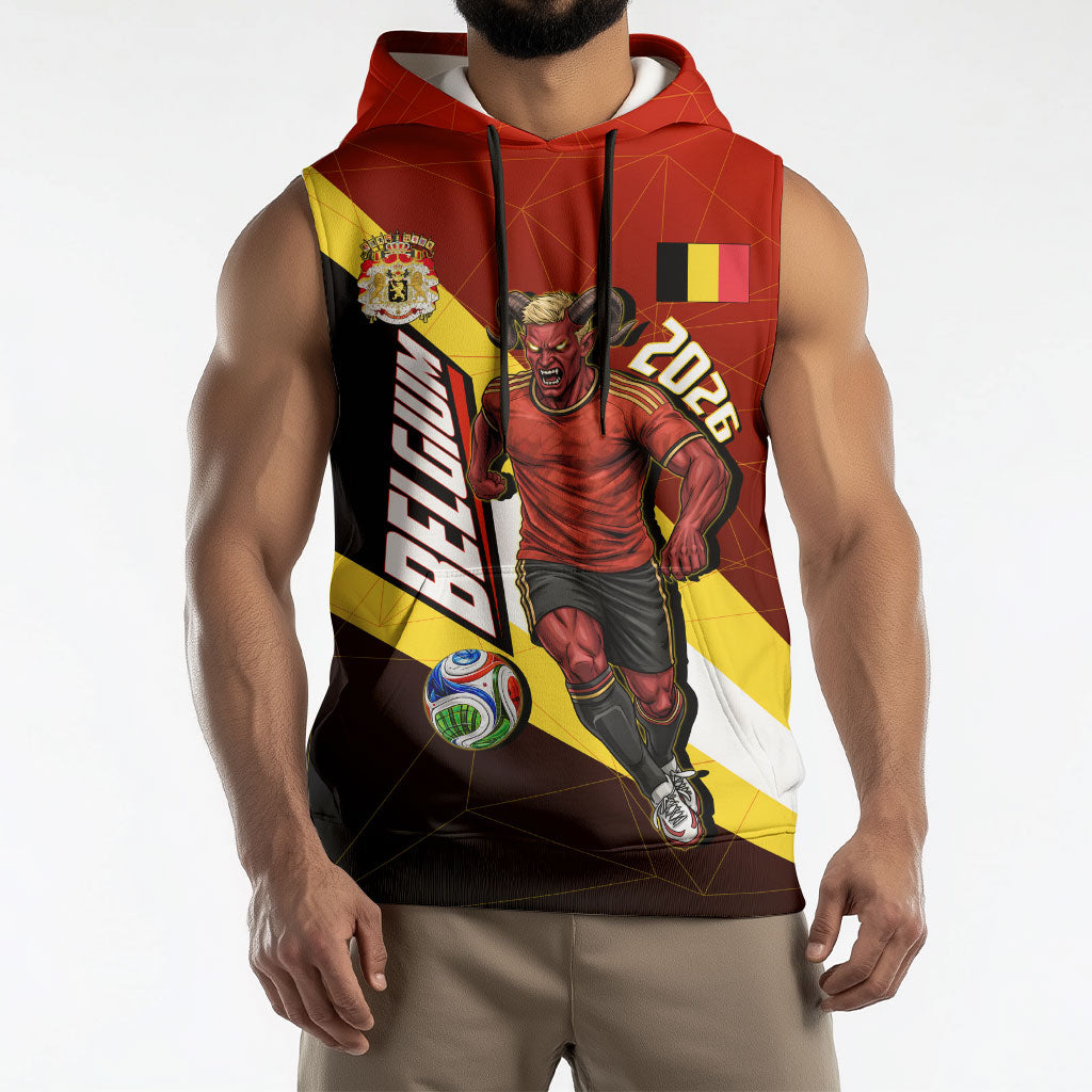 Personalized Belgium Red Devils Football Mascot Sleeveless Hoodie Fierce Devil Graphic With Belgian Flag