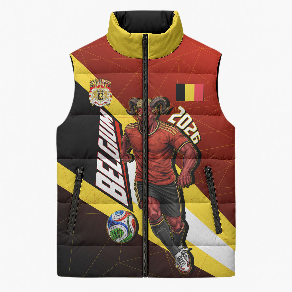 Personalized Belgium Red Devils Football Mascot Sleeveless Puffer Jacket Fierce Devil Graphic With Belgian Flag