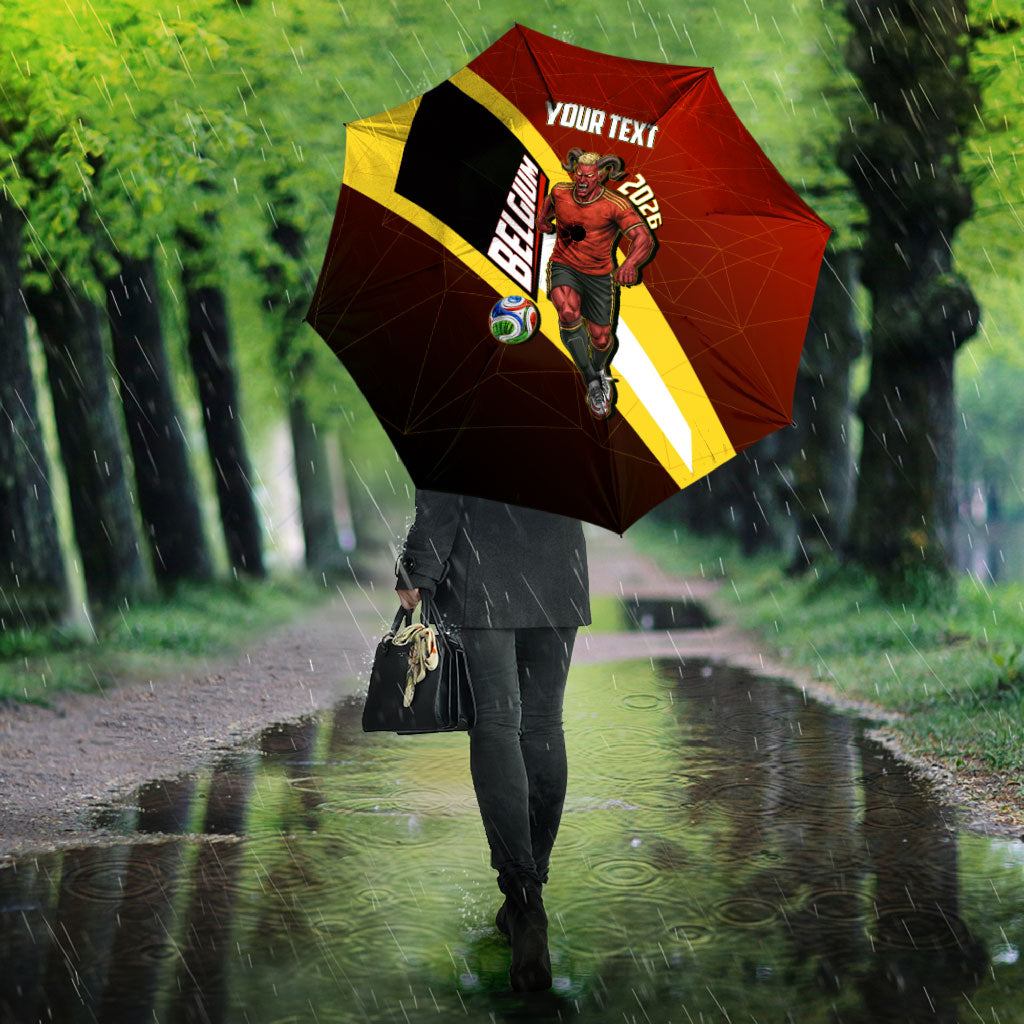 Personalized Belgium Red Devils Football Mascot Umbrella Fierce Devil Graphic With Belgian Flag