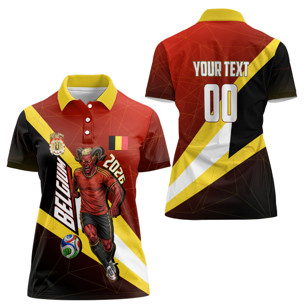 Personalized Belgium Red Devils Football Mascot Women Polo Shirt Fierce Devil Graphic With Belgian Flag