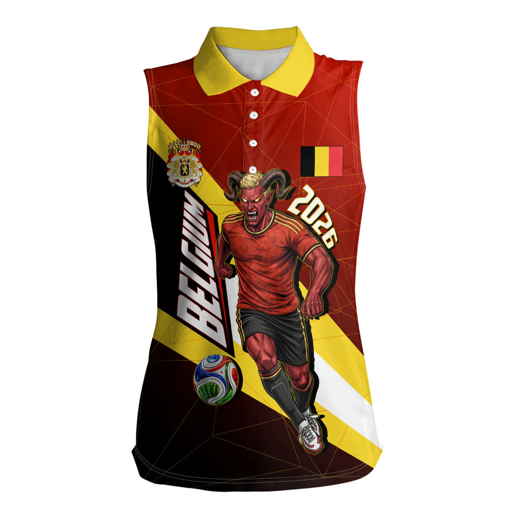 Personalized Belgium Red Devils Football Mascot Women Sleeveless Polo Shirt Fierce Devil Graphic With Belgian Flag