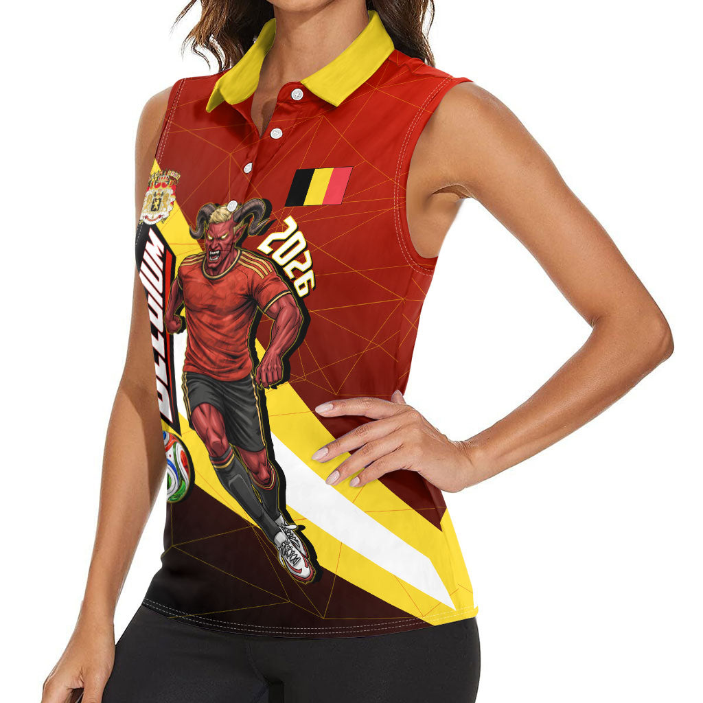 Personalized Belgium Red Devils Football Mascot Women Sleeveless Polo Shirt Fierce Devil Graphic With Belgian Flag