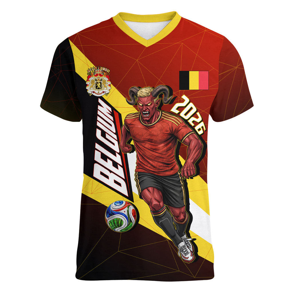 Personalized Belgium Red Devils Football Mascot Women V-Neck T-Shirt Fierce Devil Graphic With Belgian Flag
