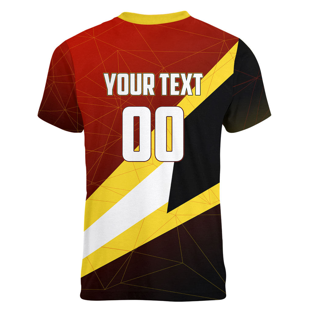 Personalized Belgium Red Devils Football Mascot Women V-Neck T-Shirt Fierce Devil Graphic With Belgian Flag