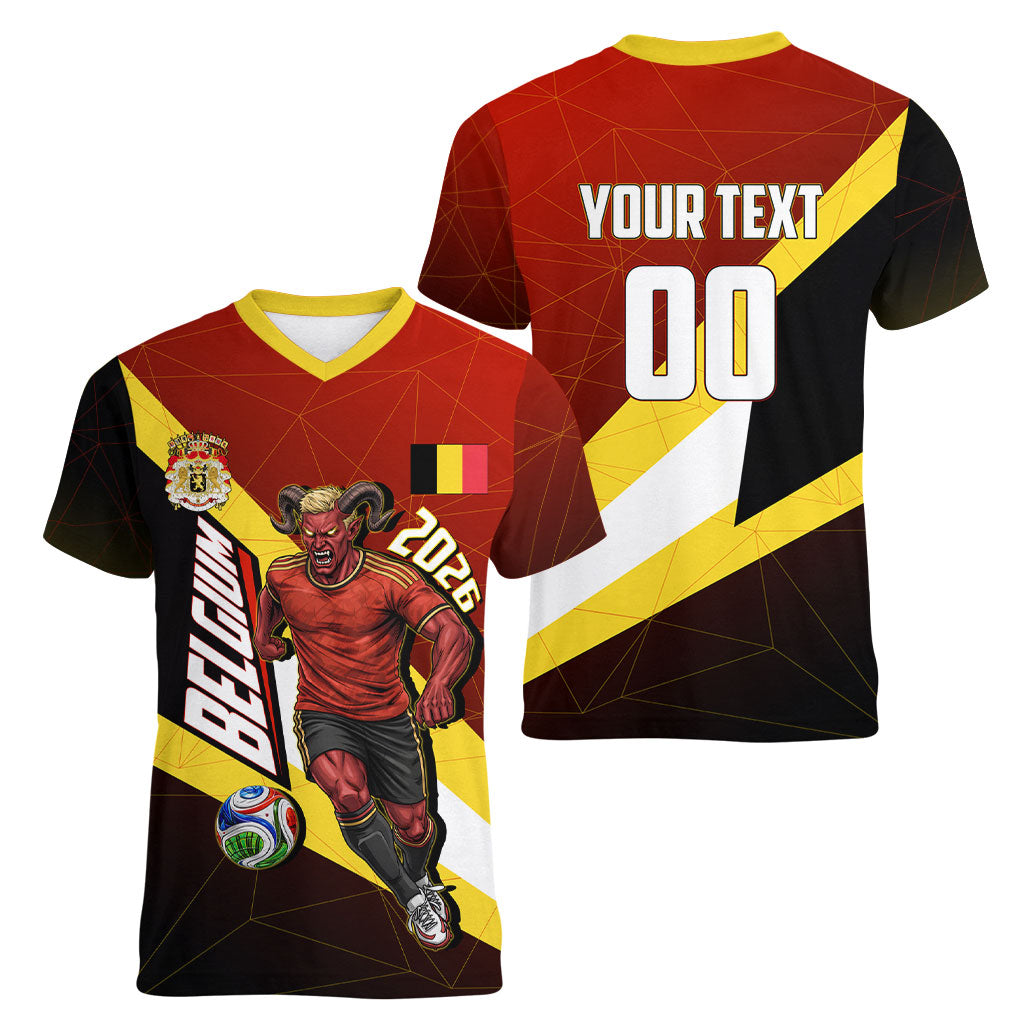 Personalized Belgium Red Devils Football Mascot Women V-Neck T-Shirt Fierce Devil Graphic With Belgian Flag