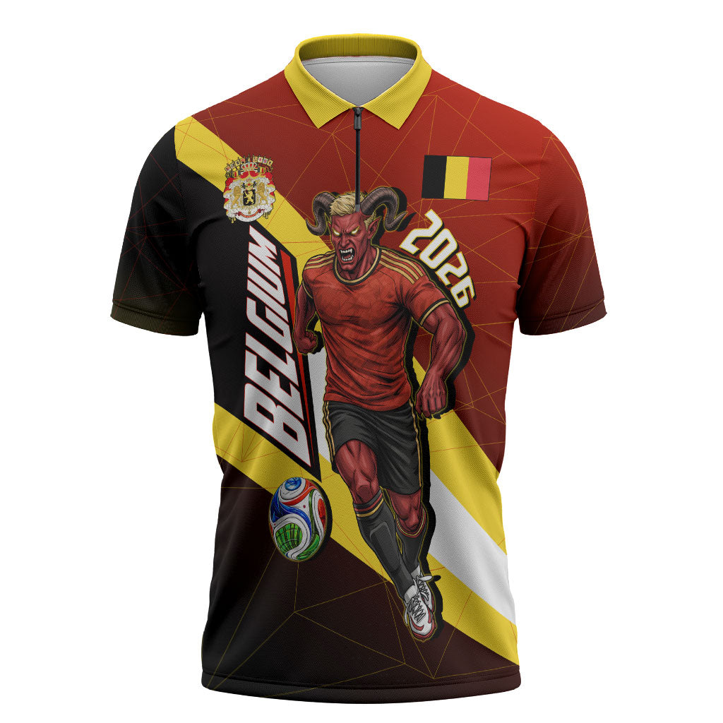 Personalized Belgium Red Devils Football Mascot Zipper Polo Shirt Fierce Devil Graphic With Belgian Flag
