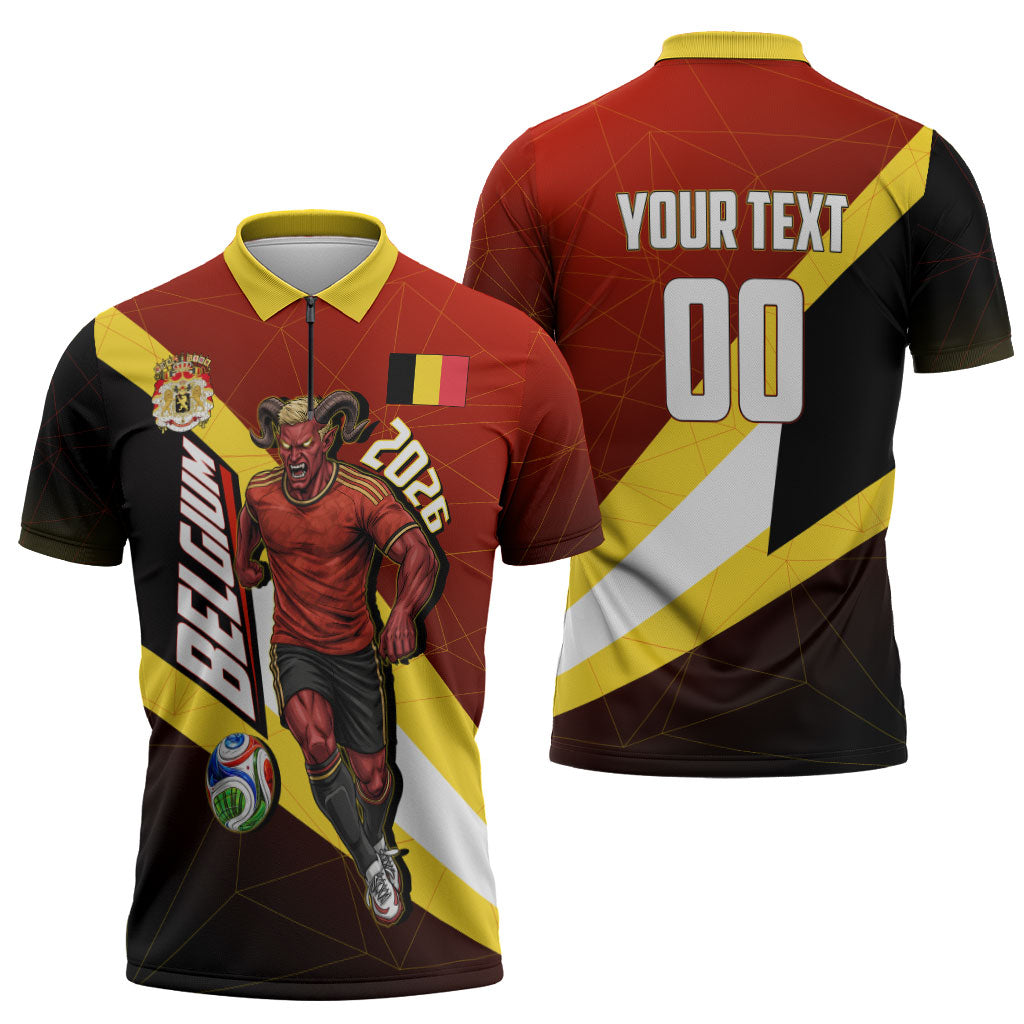 Personalized Belgium Red Devils Football Mascot Zipper Polo Shirt Fierce Devil Graphic With Belgian Flag