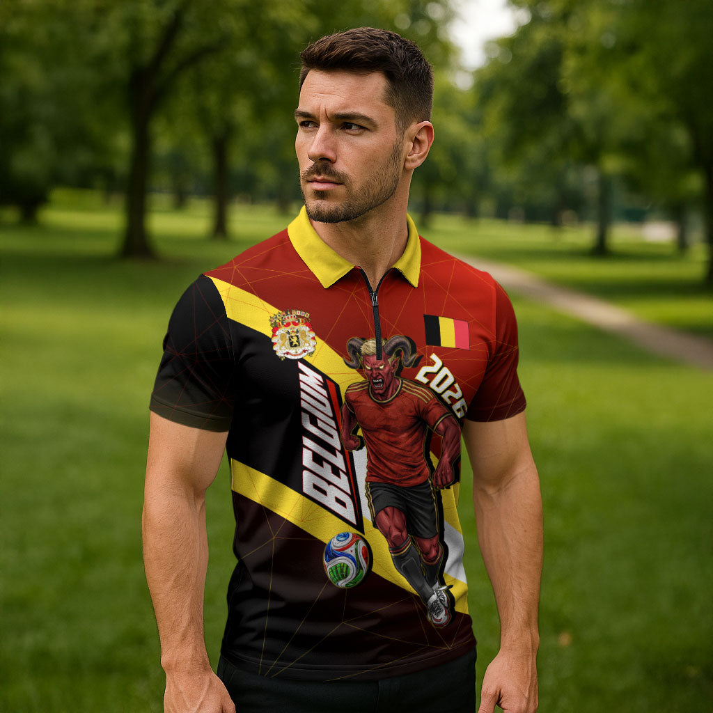 Personalized Belgium Red Devils Football Mascot Zipper Polo Shirt Fierce Devil Graphic With Belgian Flag