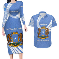 Somalia Couples Matching Long Sleeve Bodycon Dress and Hawaiian Shirt with Coat of Arms One Star One Nation Blue White Spirit