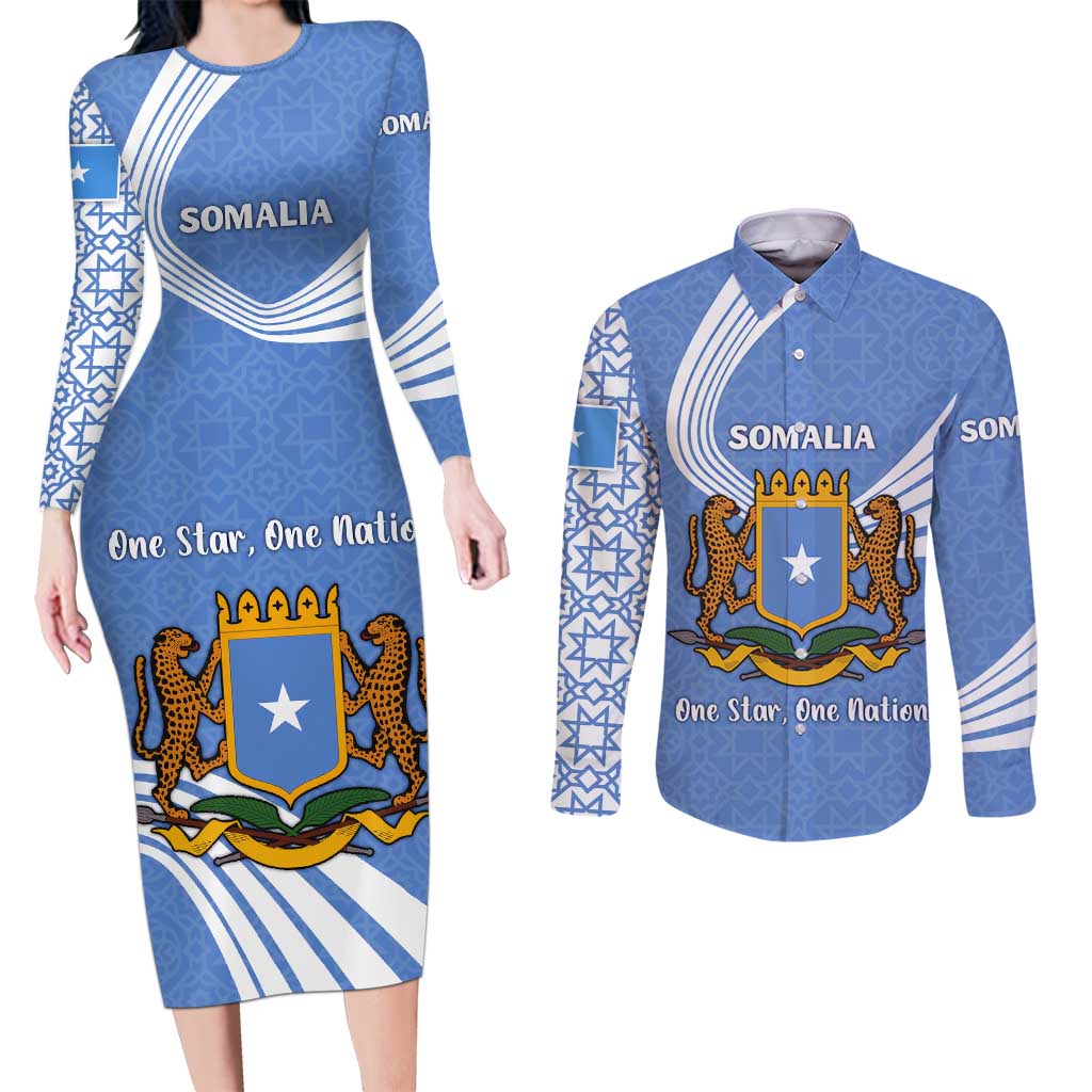 Somalia Couples Matching Long Sleeve Bodycon Dress and Long Sleeve Button Shirt with Coat of Arms One Star One Nation Blue White Spirit