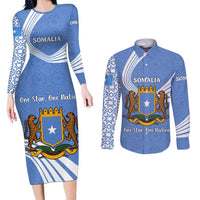 Somalia Couples Matching Long Sleeve Bodycon Dress and Long Sleeve Button Shirt with Coat of Arms One Star One Nation Blue White Spirit