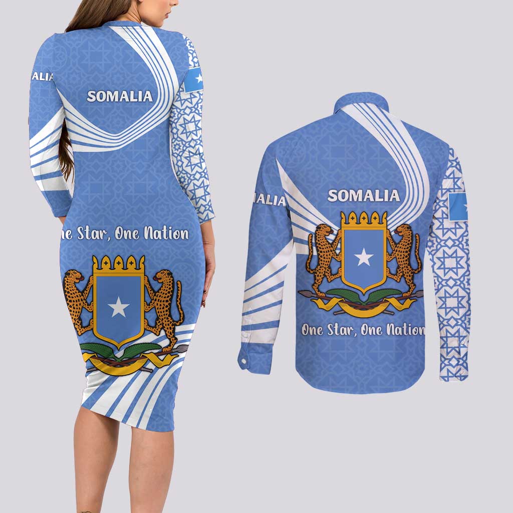 Somalia Couples Matching Long Sleeve Bodycon Dress and Long Sleeve Button Shirt with Coat of Arms One Star One Nation Blue White Spirit