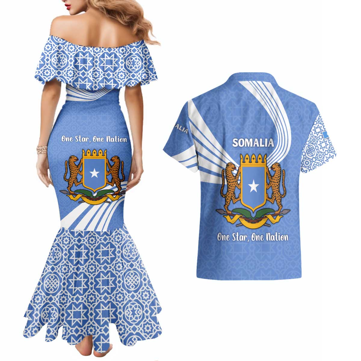 Somalia Couples Matching Mermaid Dress and Hawaiian Shirt with Coat of Arms One Star One Nation Blue White Spirit