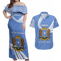 Somalia Couples Matching Off Shoulder Maxi Dress and Hawaiian Shirt with Coat of Arms One Star One Nation Blue White Spirit
