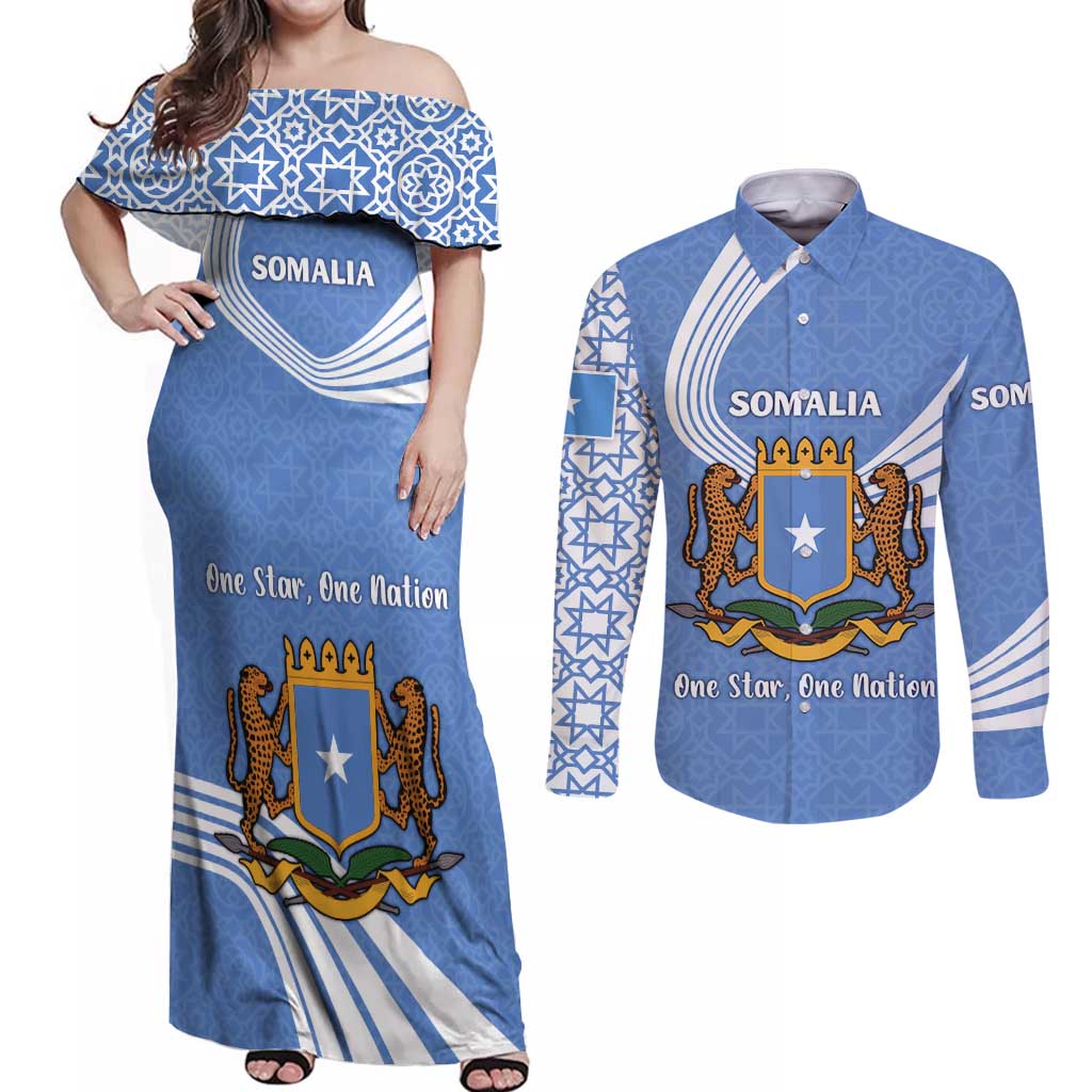 Somalia Couples Matching Off Shoulder Maxi Dress and Long Sleeve Button Shirt with Coat of Arms One Star One Nation Blue White Spirit