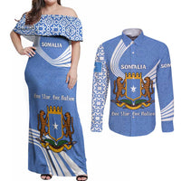 Somalia Couples Matching Off Shoulder Maxi Dress and Long Sleeve Button Shirt with Coat of Arms One Star One Nation Blue White Spirit