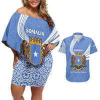Somalia Couples Matching Off Shoulder Short Dress and Hawaiian Shirt with Coat of Arms One Star One Nation Blue White Spirit