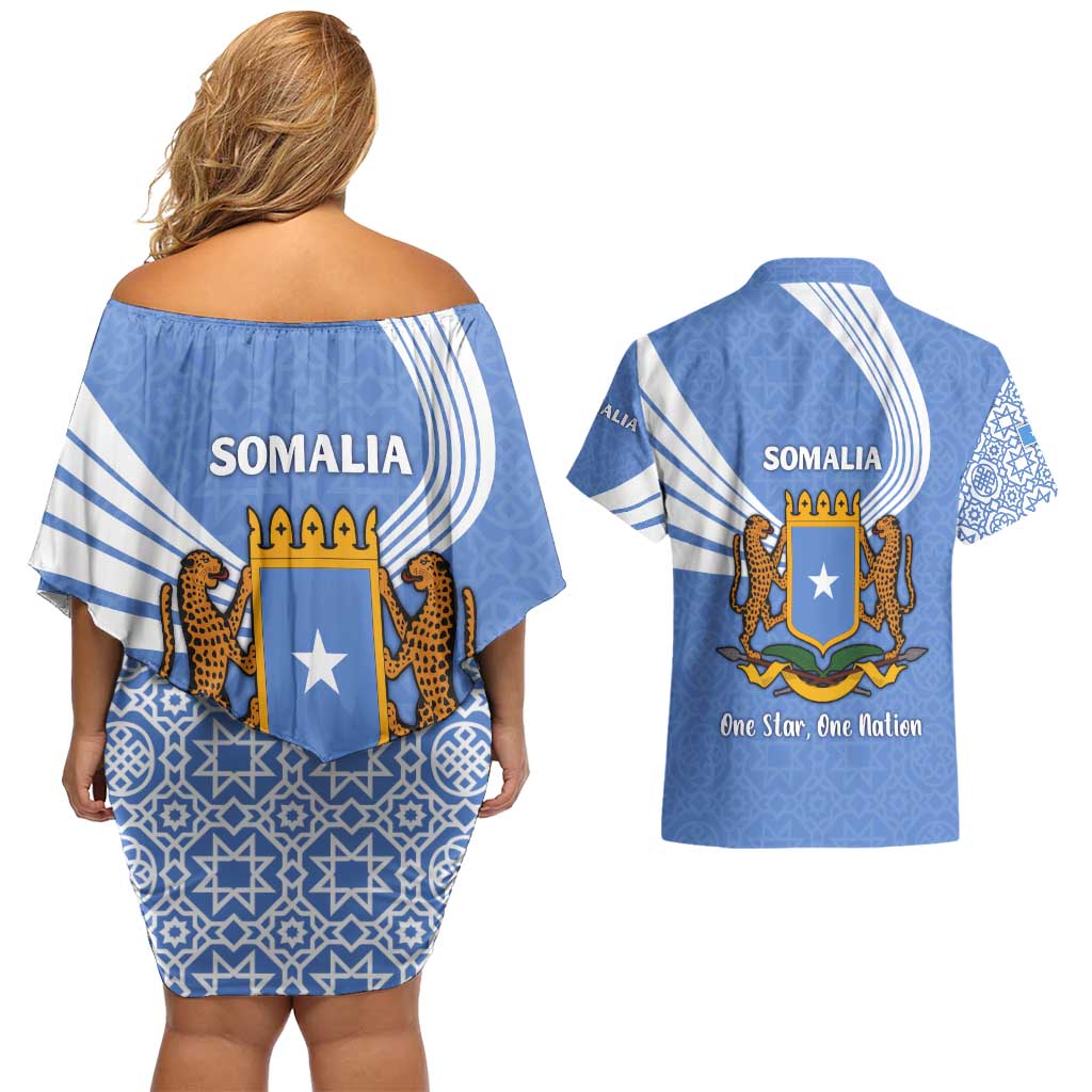 Somalia Couples Matching Off Shoulder Short Dress and Hawaiian Shirt with Coat of Arms One Star One Nation Blue White Spirit