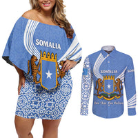 Somalia Couples Matching Off Shoulder Short Dress and Long Sleeve Button Shirt with Coat of Arms One Star One Nation Blue White Spirit