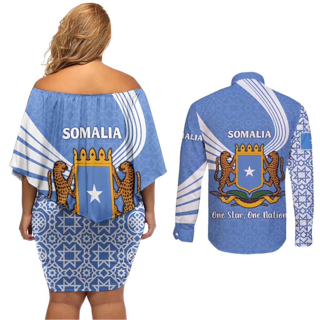 Somalia Couples Matching Off Shoulder Short Dress and Long Sleeve Button Shirt with Coat of Arms One Star One Nation Blue White Spirit