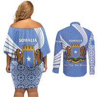 Somalia Couples Matching Off Shoulder Short Dress and Long Sleeve Button Shirt with Coat of Arms One Star One Nation Blue White Spirit