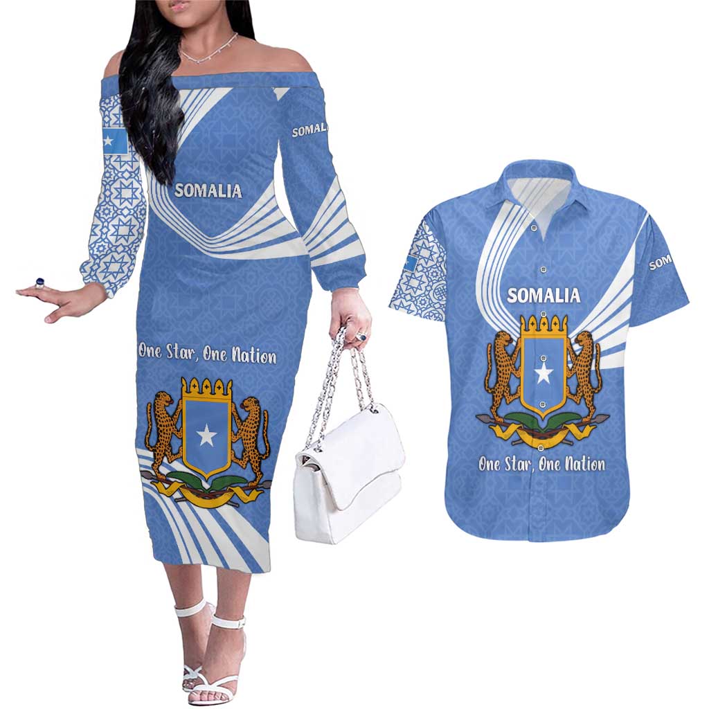 Somalia Couples Matching Off The Shoulder Long Sleeve Dress and Hawaiian Shirt with Coat of Arms One Star One Nation Blue White Spirit