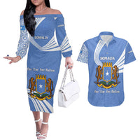 Somalia Couples Matching Off The Shoulder Long Sleeve Dress and Hawaiian Shirt with Coat of Arms One Star One Nation Blue White Spirit